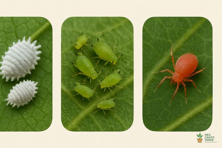 Infográfico comparativo mostrando fotos macro de cochonilhas, pulgões e ácaros-aranha em folhas de plantas.