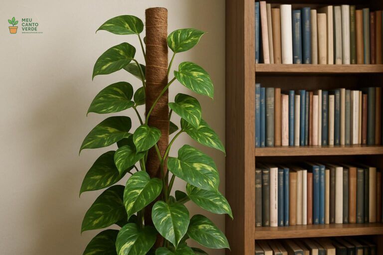 Planta Jiboia crescendo para cima, apoiada em um tutor de fibra de coco, ao lado de uma estante de livros.
