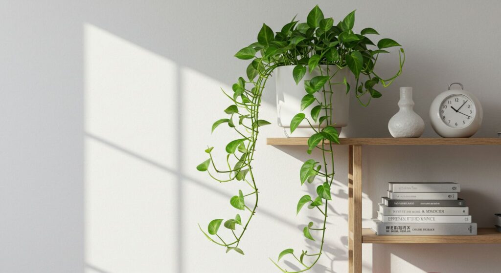 Planta Jiboia com ramos pendentes em um vaso sobre uma prateleira de madeira, decorando uma sala de estar clara e moderna.