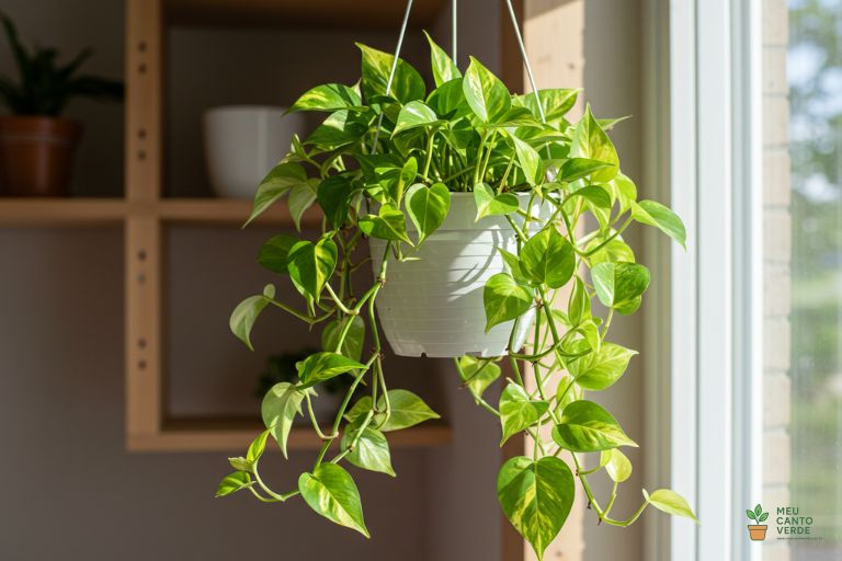 Planta Jiboia pendurada em um vaso branco, com suas folhas verdes e amarelas em cascata.