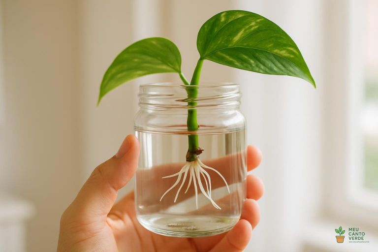 Mão segurando um pote de vidro com uma muda de Jiboia na água, mostrando o close-up das novas raízes que se formaram no caule.