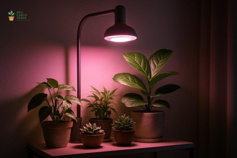 Lâmpada de crescimento (grow light) de LED com luz rosa iluminando uma prateleira com várias plantas de interior em um ambiente com pouca luz.