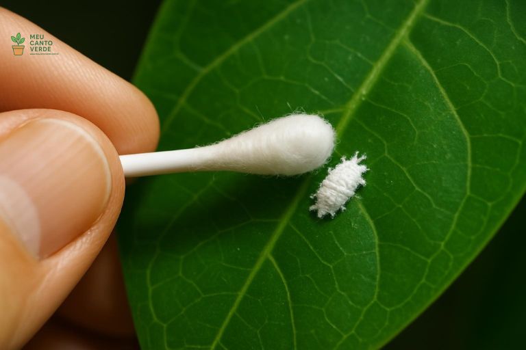 Mão usando um cotonete para remover manualmente uma cochonilha de uma folha de planta.