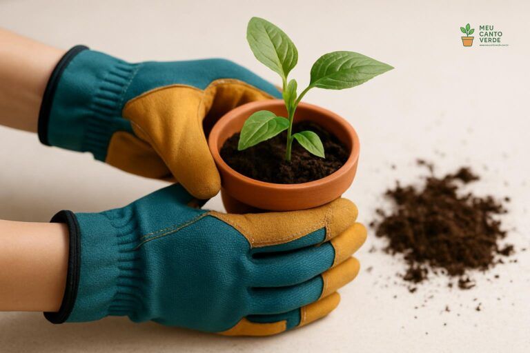 Mãos usando luvas de jardinagem para segurar um vaso de planta pequeno durante o processo de transplante.
