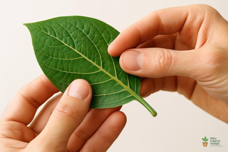 Mãos inspecionando cuidadosamente a parte de baixo de uma folha verde de uma planta de interior.
