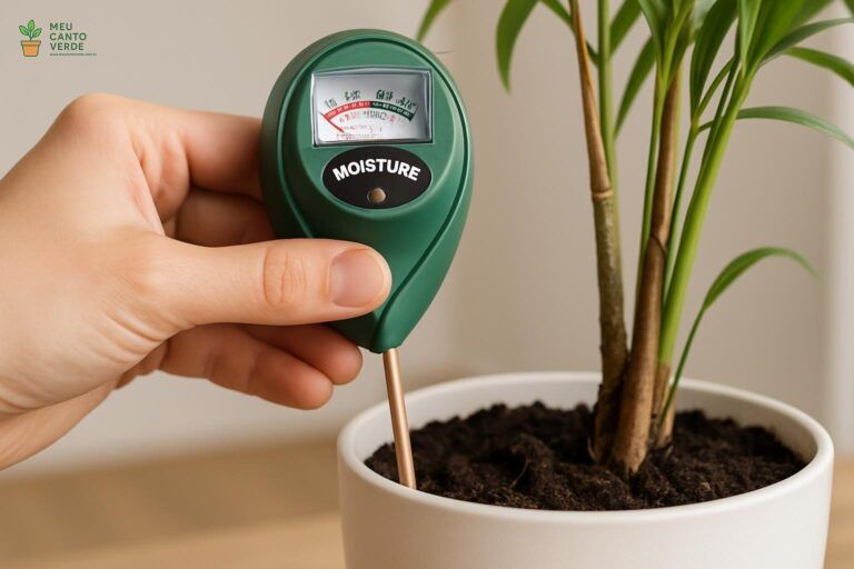 Mão inserindo um medidor de umidade no solo de um vaso para verificar se a planta precisa de rega.