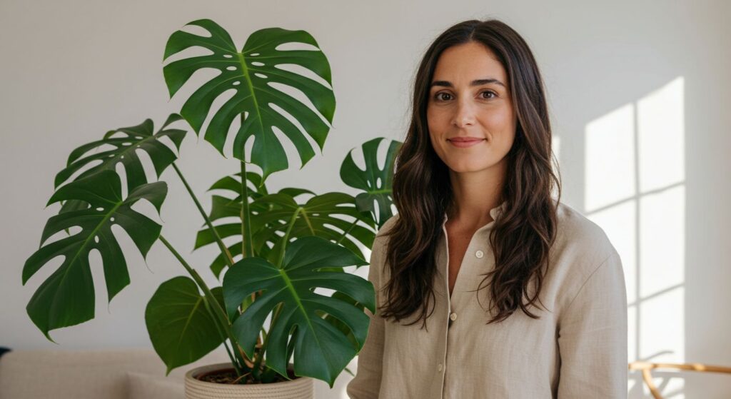 Clara, especialista do blog Meu Canto Verde, ao lado de uma exuberante planta Costela-de-Adão, ilustrando o guia completo sobre como cuidar da espécie.