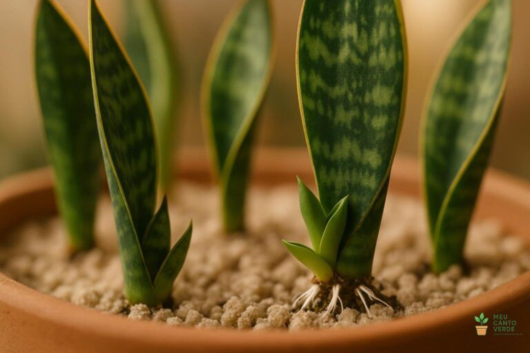 Pedaços de folha de Espada-de-São-Jorge plantados em um vaso, com pequenos brotos surgindo da terra.