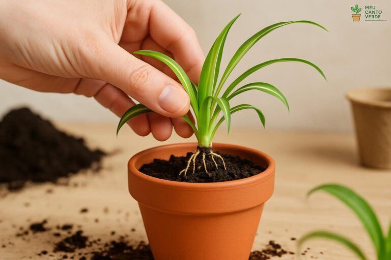 Mãos plantando cuidadosamente uma muda 'bebê' de Clorofito em um pequeno vaso com terra.