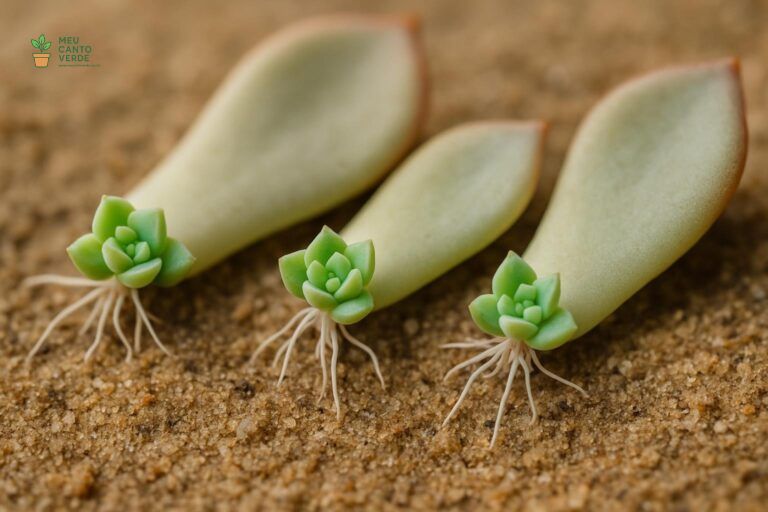 Close-up de mudas de suculentas brotando a partir de folhas que estão sobre um substrato.