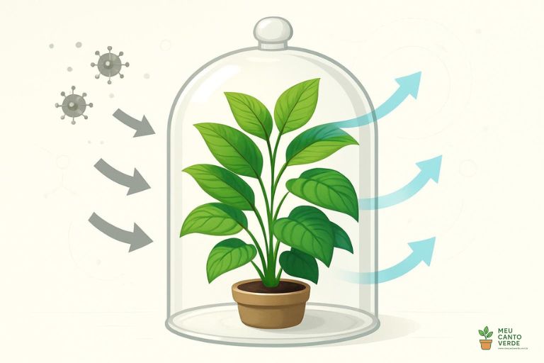 Ilustração de uma planta dentro de uma cúpula de vidro, simbolizando o Estudo de Ar Limpo da NASA sobre como as plantas purificam o ar em ambientes controlados.