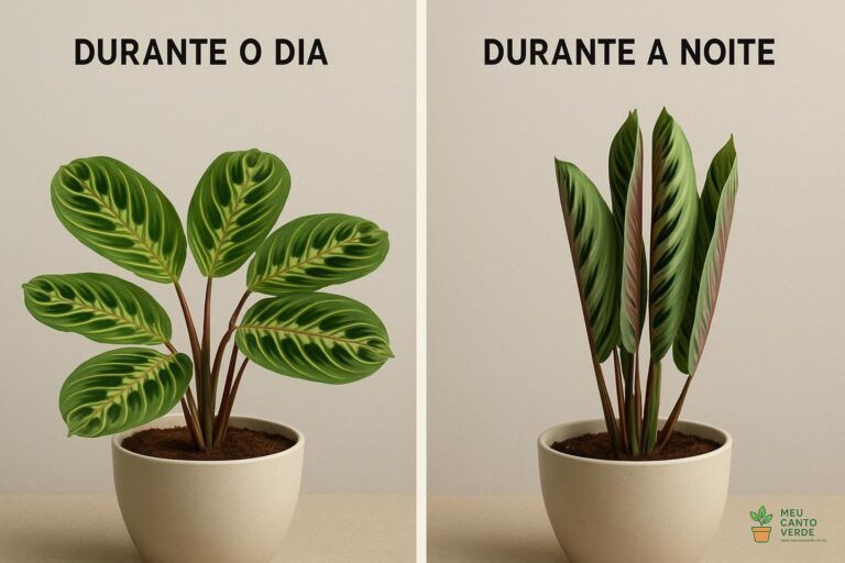 Imagem lado a lado mostrando uma Maranta com as folhas abertas durante o dia e fechadas para cima à noite.