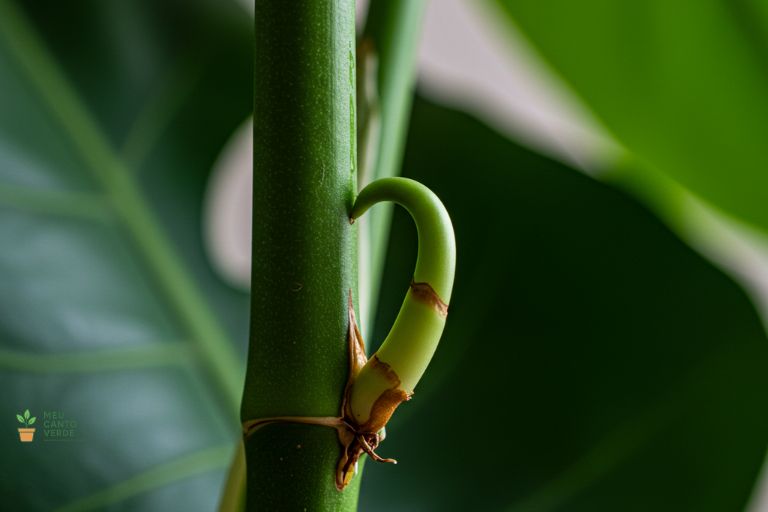Close-up do caule de uma Costela-de-Adão mostrando um nó com uma raiz aérea, o ponto ideal para cortar e fazer mudas.