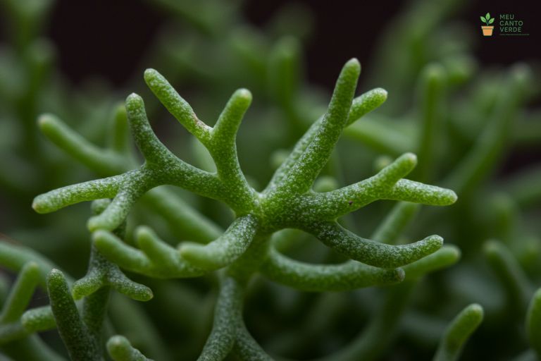 Close-up macro da textura e forma única dos caules de um Cacto-Macarrão, que se assemelham a coral.