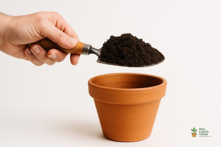 Mão usando uma pá de jardinagem estreita para colocar terra em um vaso de planta de terracota.