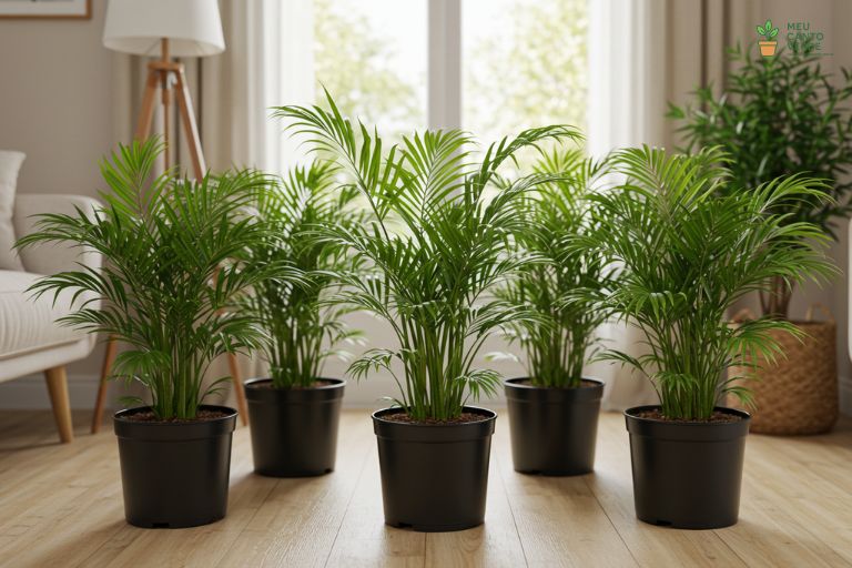 Conjunto de Palmeiras Areca em vasos, criando um efeito de selva urbana que umidifica o ar.