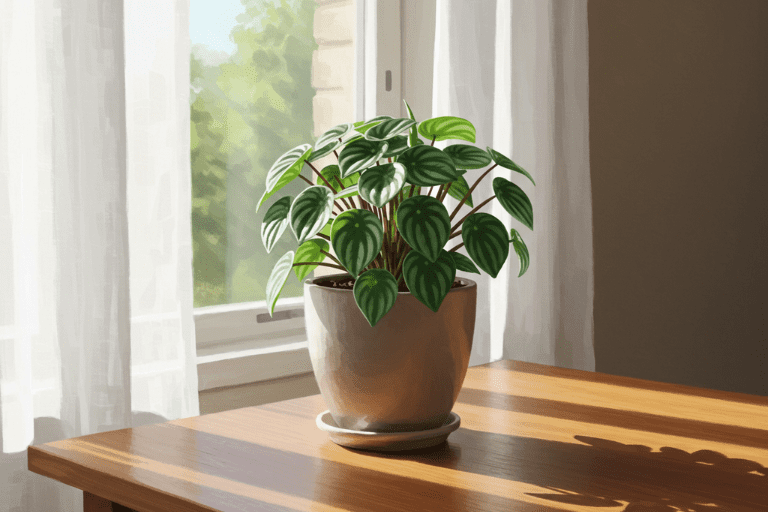 Peperômia saudável em um vaso perto de uma janela com cortina, recebendo a luz indireta brilhante ideal para seu crescimento.