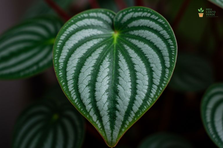 Close-up macro da folha da Peperômia Melancia, destacando seu padrão único de listras verdes e prateadas.
