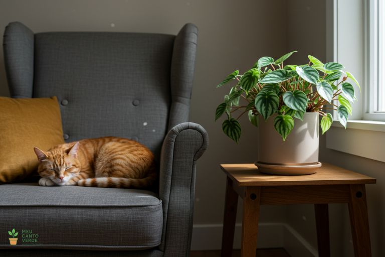 Um gato laranja dormindo tranquilamente em uma poltrona ao lado de uma prateleira com uma Peperômia.