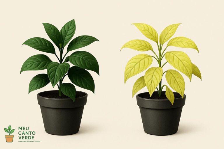 Comparação entre uma planta bem nutrida e uma com folhas amarelas por deficiência de nutrientes.