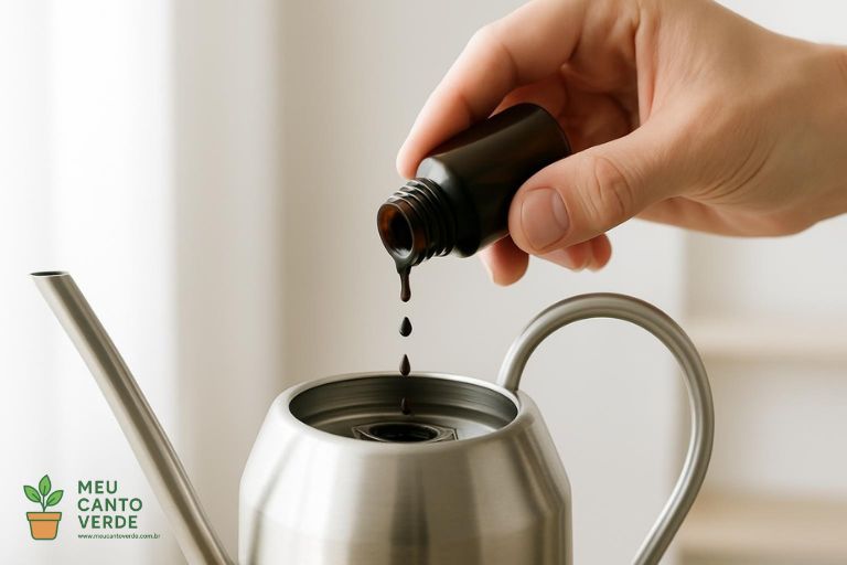 Mão diluindo fertilizante líquido em um regador com água, preparando o adubo para as plantas.
