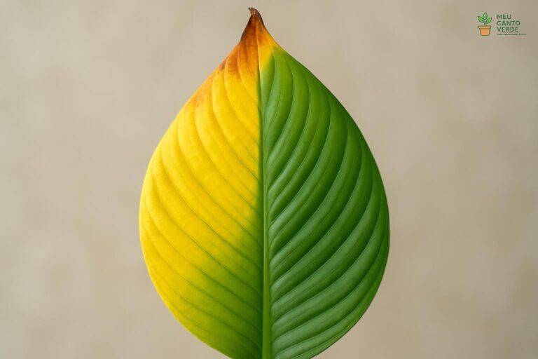 Close-up de uma folha de Lírio-da-Paz com ponta queimada e início de amarelamento, mostrando um problema comum.