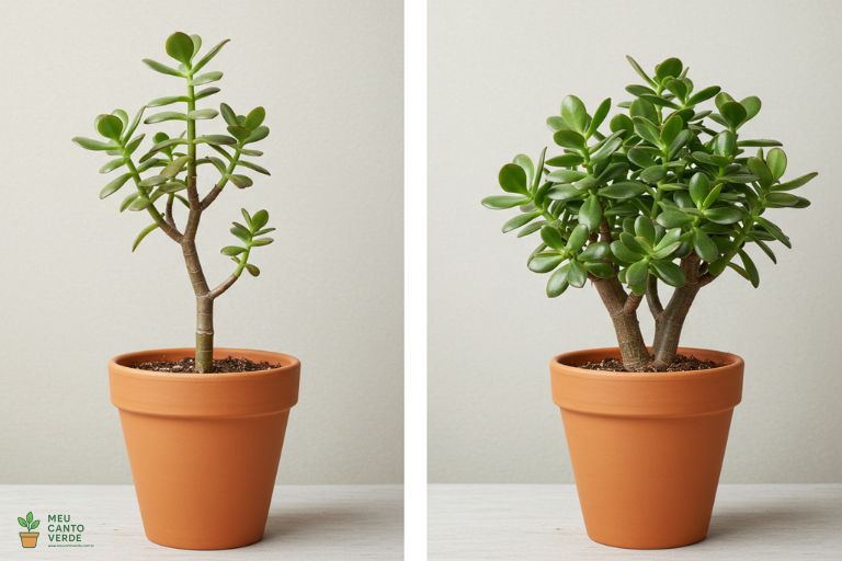Comparativo de duas Plantas-Jade: uma saudável e compacta e outra com o caule esticado (etiolamento) devido à falta de luz.