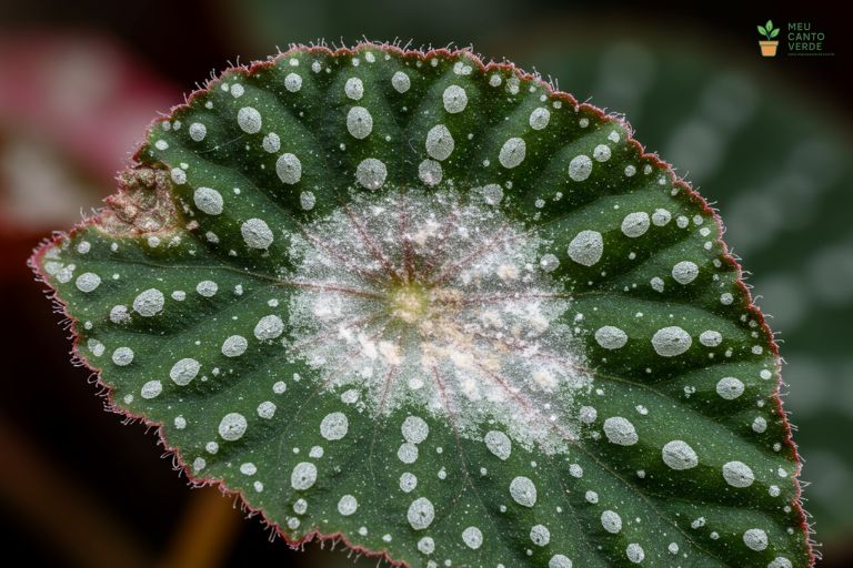 Close-up de uma folha de Begônia Maculata com manchas de pó branco, mostrando o sintoma clássico do fungo oídio.