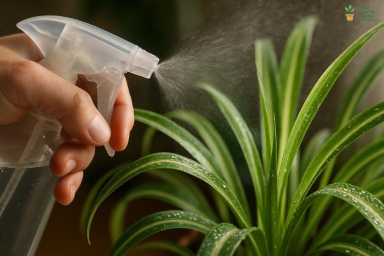 Mão usando um borrifador para criar uma névoa de umidade em volta das folhas de um Clorofito, prevenindo pontas secas.