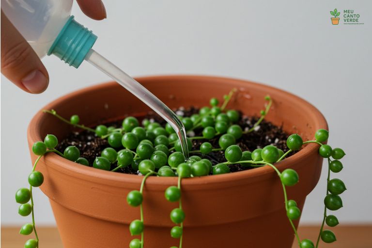 Mão usando uma garrafa de bico curvado (squeeze bottle) para regar apenas o solo de uma Planta-Rosário, evitando a base da planta.