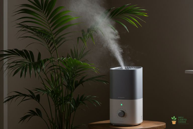 Umidificador de ar moderno funcionando ao lado de uma Palmeira Areca, com uma leve névoa visível, criando uma atmosfera tropical.