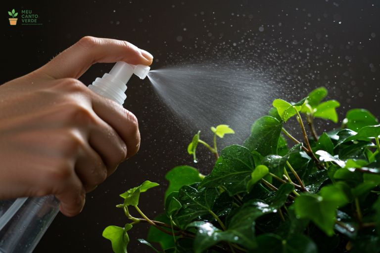 Mãos usando um borrifador para criar uma névoa de umidade ao redor das folhas da Hera Inglesa.