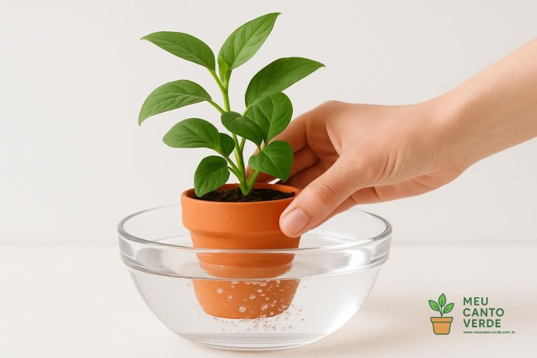 Vaso de planta de terracota sendo submerso em uma bacia de vidro com água, demonstrando a técnica de rega por imersão.