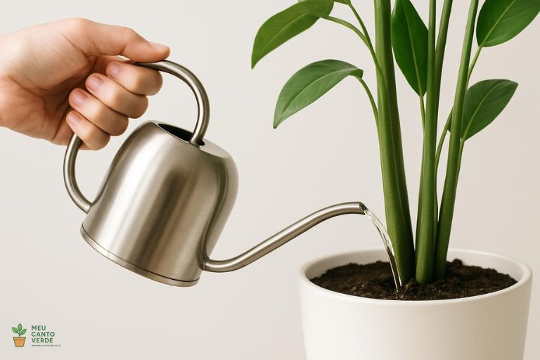 Mão regando a base de uma planta de interior com um regador de metal de bico fino.