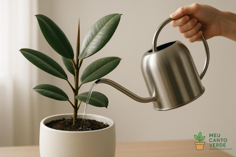 Mão segurando um regador de metal moderno e molhando uma planta de interior Ficus em um vaso de cerâmica branca.