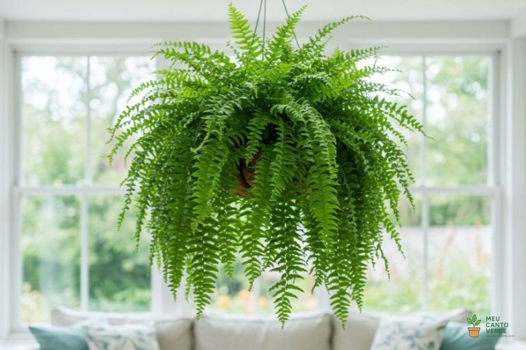 Samambaia-Americana exuberante em um vaso suspenso, uma planta segura para pets.