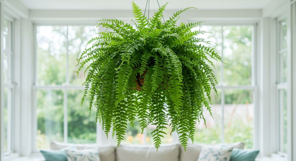 Samambaia-Americana exuberante e cheia, em um vaso suspenso em uma sala bem iluminada com luz indireta.