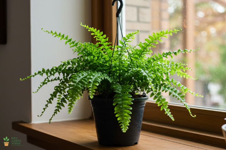 Samambaia-Americana exuberante em um vaso pendente, umidificando e purificando o ar.