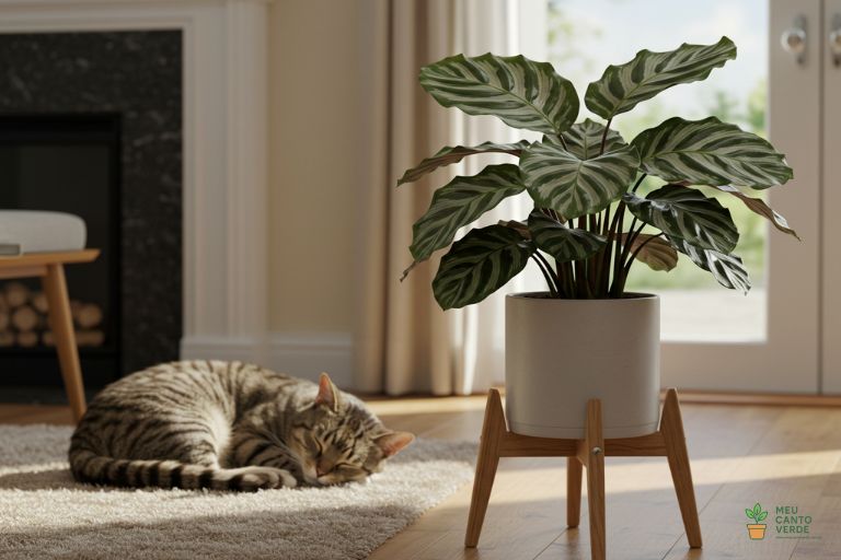 Gato dormindo tranquilamente no chão de uma sala, com uma Calathea posicionada em segurança em um suporte para plantas ao fundo.