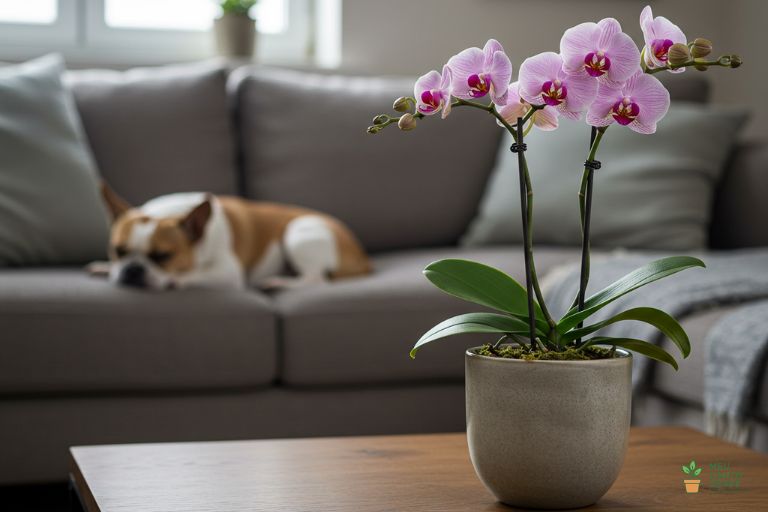 Orquídea Phalaenopsis em uma mesa de centro, com um cachorro dormindo em segurança no sofá ao fundo, mostrando que a planta não é tóxica para pets.