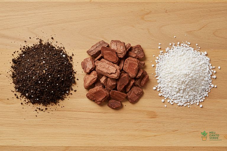 Ingredientes para o substrato ideal da Costela-de-Adão: terra vegetal, casca de pinus e perlita, vistos de cima.