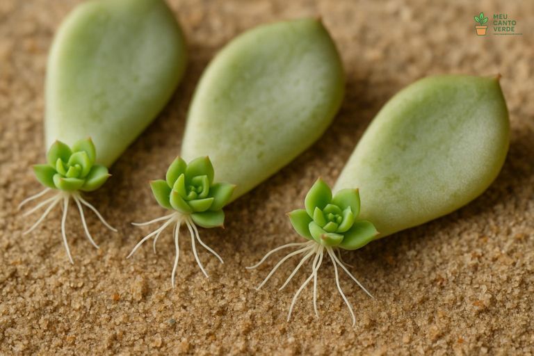 Close-up de mudas de suculentas brotando a partir de folhas que estão sobre a terra.