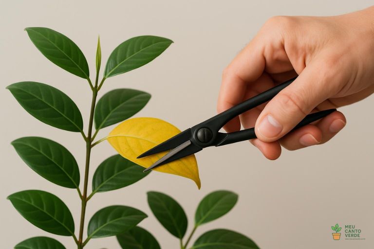 Mão usando uma tesoura de poda de precisão para cortar uma folha amarela de uma planta de interior.