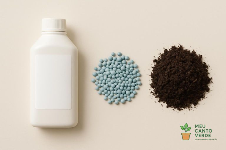 Comparativo visual entre adubo líquido, granulado e orgânico.