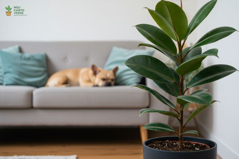 Ficus Lyrata posicionado em um local ideal e definitivo com muita luz indireta brilhante, simbolizando a estabilidade que a planta precisa.