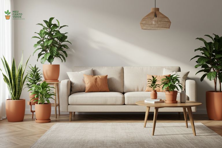 Sala de estar moderna e minimalista decorada com várias plantas de interior, mostrando como usar plantas na decoração.