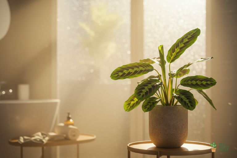 Planta Maranta saudável em um banheiro claro e úmido, mostrando o ambiente ideal de luz indireta e alta umidade.