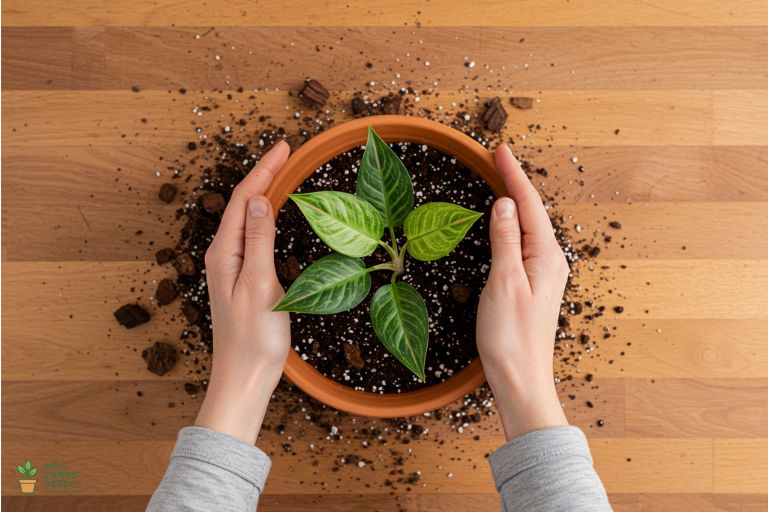 Mãos preparando um substrato leve e aerado, com perlita, para o plantio de uma Aglaonema.