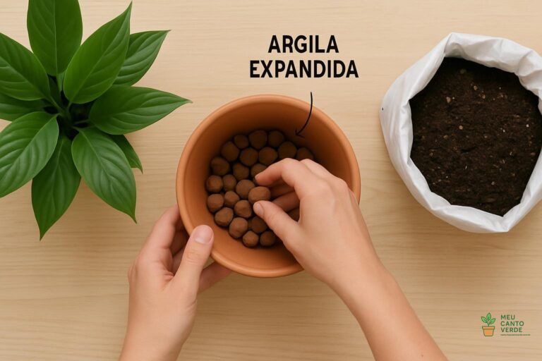 Mãos preparando um vaso com camada de drenagem no fundo antes de adicionar o substrato rico em matéria orgânica para o Lírio-da-Paz.