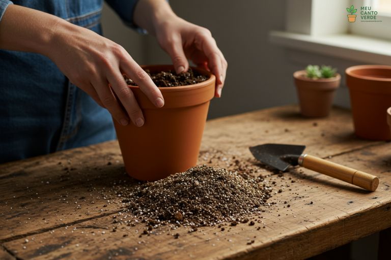 Mãos preparando um substrato arenoso e de alta drenagem para o plantio de uma Planta-Jade em um vaso de terracota.
